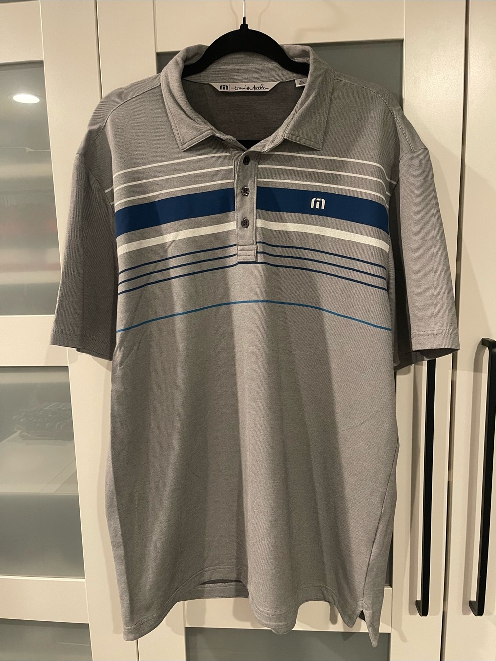 Travis Mathew Grey Polo with Blue Stripe Accents Golf Shirt